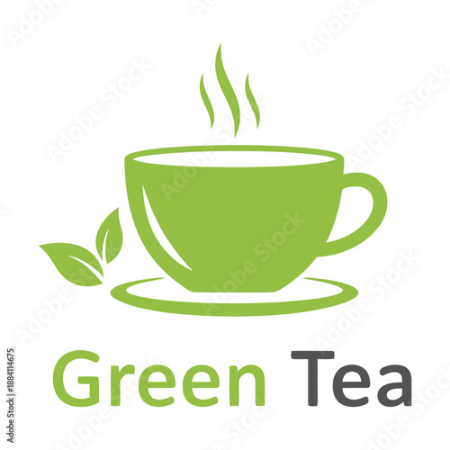 Green tea cup with leaves and steam rising isolated on white background icon