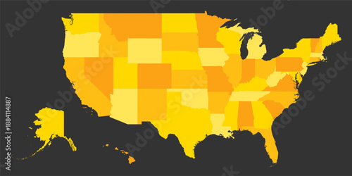 A detailed map displays the states of the USA in shades of yellow and orange. States include California, Texas, New York, Alaska, and Hawaii. The layout follows a Mercator projection.