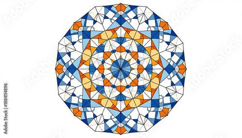 Ornate geometric mandala. Radiating triangles form complex symmetrical patterns in orange, blue, and white, against a white space