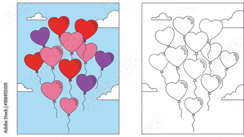 Coloring page vector illustration of heart shaped balloons floating in the sky. Educational worksheet showing colored example and black and white outline for kids art activity and Valentine's Day.