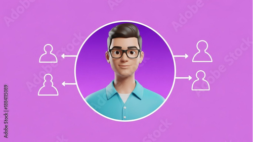 3D Man Character Connected to Other People Icons.
