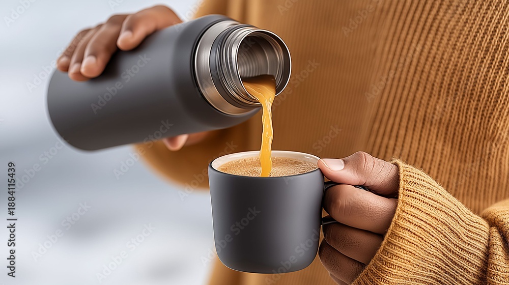 Obraz premium A person is pouring coffee into a cup from a thermos