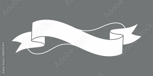 a detailed illustration of a white ribbon banner with decorative flourishes and swirling edges set against a dark gray background