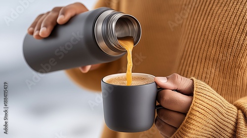A person is pouring coffee into a cup from a thermos