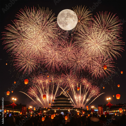 A vibrant night festival with golden fireworks exploding across the sky beneath a full moon, glowing red lanterns floating above a crowd, and a traditional Chinese temple illuminated at the center