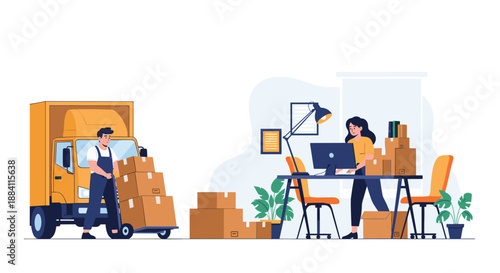 Professional delivery driver unloading cardboard boxes from a truck while an office worker manages shipments on her computer.