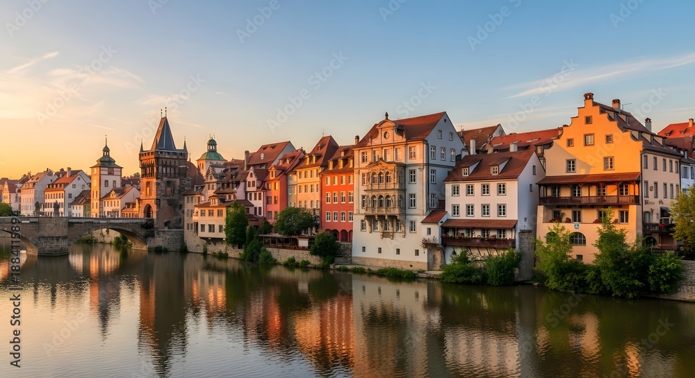 Fototapeta premium Minimalist European riverside cityscape