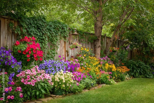 Wallpaper Mural Colorful flower garden along a wooden fence, vibrant blooms and green grass Torontodigital.ca