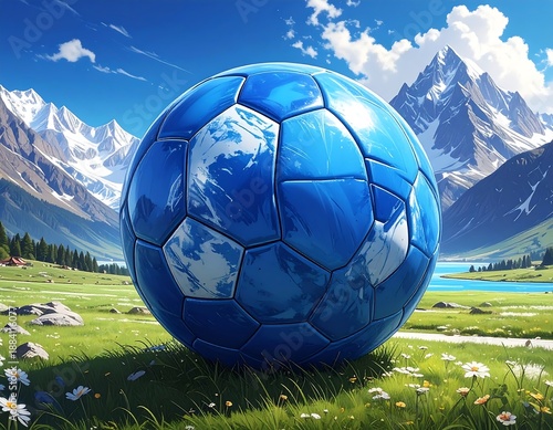 Oversized blue soccer ball sits on a grassy field, backed by snow capped mountains and a pristine blue sky