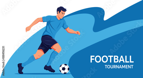 Skillful male soccer player dribbling a ball across a stylized blue background during a professional football tournament.