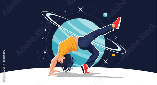 Talented breakdancer performing a dynamic move against a cosmic space background with planets and stars in a galaxy.
