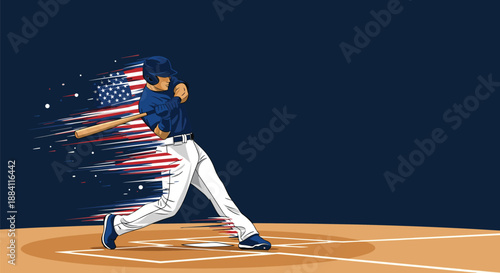 Professional baseball player swinging a bat with power against a backdrop of a stylized United States flag in motion.