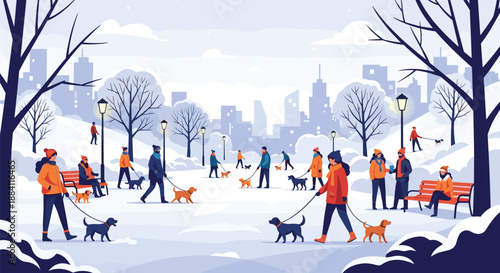 Diverse people walking their pet dogs in a snowy city park with a urban skyline background on a cold winter morning.