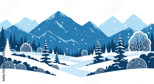 Breathtaking winter mountain landscape with dark blue silhouettes of pine trees and falling snow under a cold winter sky.