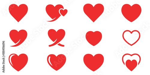 a collection of vibrant red heart shapes in various styles and arrangements displayed against a clean white background representing love