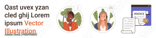 Customer service, business communication, billing systems, remote support, financial workflows, teamwork. Two call center agents with headsets, document and invoice visuals. Customer service