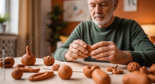Senior man performing rehabilitation art therapy by molding clay. Elderly patient recovery and improving fine motor skill after serious illness concept.