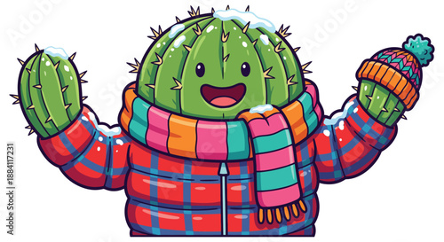 A cactus wearing a winter coat and scarf isolated