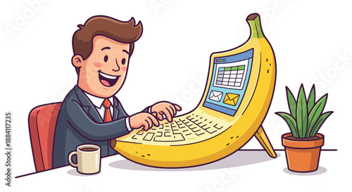 A businessman using a banana as a laptop isolated