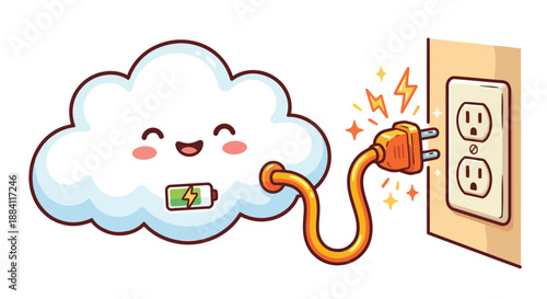 A cloud plugged into a wall outlet, charging isolated