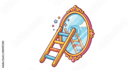 A ladder climbing into a mirror isolated
