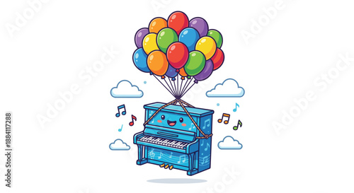 A piano floating on balloons isolated