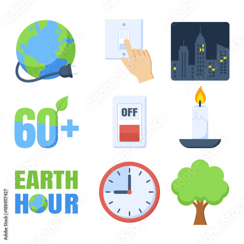 Earth Hour and Energy Saving Icon Set, Flat Vector Illustration of Global Environmental Awareness, Switch Off Lights, and Climate Change Action