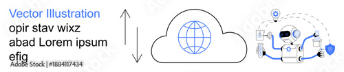 Cloud storage, artificial intelligence, data security, digital services, technology innovation, connectivity. A robot managing data connected to a cloud. Cloud storage and artificial intelligence