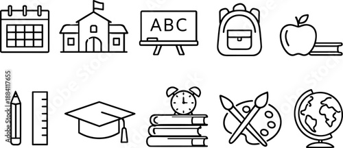 Set of black line icons representing elementary school education including pencil, ruler, blackboard, apple, school building, backpack, graduation cap, books, alarm clock, desk, and notebook. Minimali