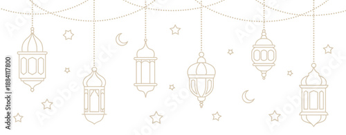 Golden Ramadan Vector Background, Arabian Lanterns and Lamps with Hanging Gold Line Art, Crescent Moon and Star Garland, Ramadan Kareem and Eid Mubarak Islamic Holiday Celebration Design