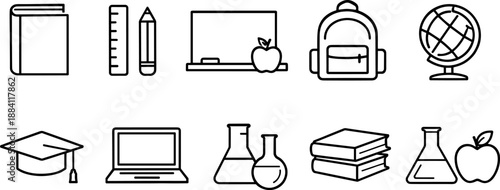 Set of black line icons representing elementary school education including pencil, ruler, blackboard, apple, school building, backpack, graduation cap, books, alarm clock, desk, and notebook. Minimali