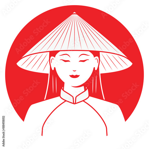 Line art illustration vector of Vietnamese beautiful lady in national dress called ao dai with traditional conical hat called Non la drawing in red and white