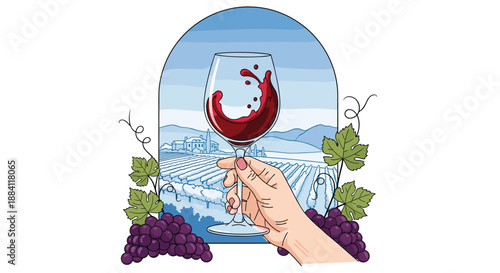 Hand holding a glass of red wine with a vineyard landscape and grapes in the background framed by an archway in a scenic illustration.