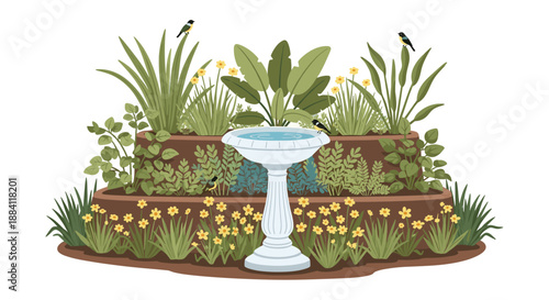 Beautiful birdbath in a tiered garden surrounded by lush green plants and small yellow flowers in a peaceful outdoor setting illustration.