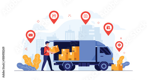 Delivery concept illustration showing a worker loading boxes into a blue truck with various location and service icons in the background.