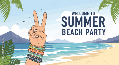Summer beach party poster with a hand showing a peace sign wearing colorful bracelets against a tropical ocean landscape and palm leaves.