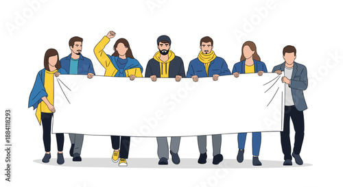 Group of diverse people walking together and holding a large blank white banner for a protest or demonstration on a white background.