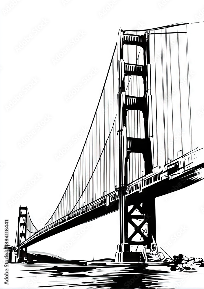 Fototapeta premium Black and white graphic illustration of a suspension bridge