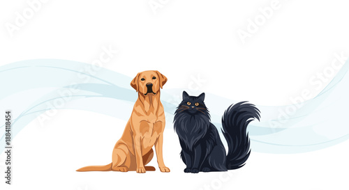 Illustration of a golden retriever dog and a black cat sitting together against a white background with abstract light blue wave patterns.