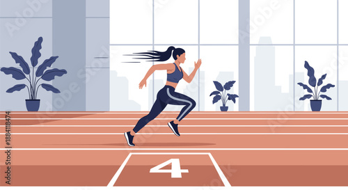 Female athlete sprinting on a professional running track inside a modern indoor gym with large windows and potted plants in the background.