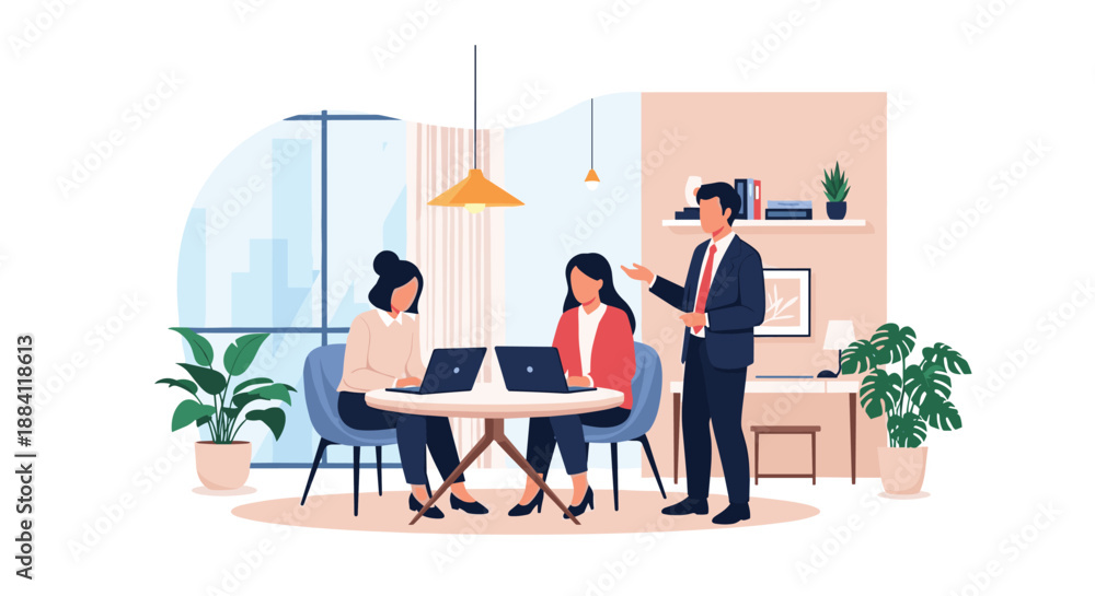Fototapeta premium Professional business team meeting where two women work on laptops at a table while a man in a suit gives a presentation in a modern office.