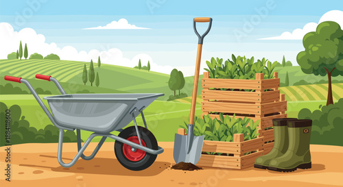 Gardening tools and supplies featuring a wheelbarrow, a shovel, wooden crates with plants, and rubber boots in a rural field illustration.
