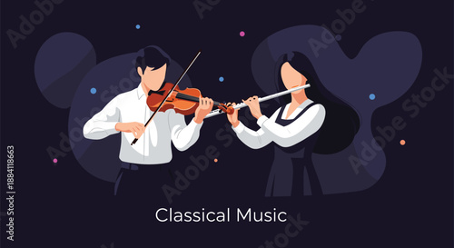 Classical music performance illustration featuring a male violinist and a female flute player against a dark purple background with dots.