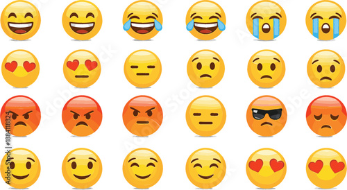 Large Set of Glossy 3D Emoji Icons Featuring Popular Yellow and Red Emoticons with Diverse Facial Expressions for Digital Communication and Social Media UI Design