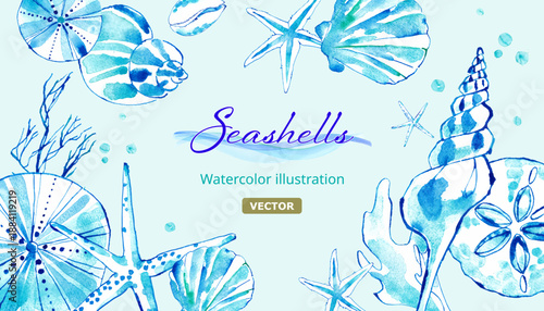 夏の海をイメージした貝殻のフレームデザイン。涼しげな貝殻の水彩イラスト。（ベクター。レイアウト調整可能） 