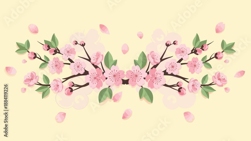 Cherry Blossom Branches with Falling Petals on Pale Yellow Background