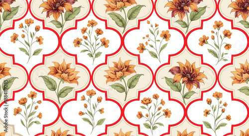 Vintage Floral Pattern with Orange Lilies and Green Leaves in a Red Quatrefoil Lattice Frame for Elegant Textile Wallpaper and Interior Decor Design