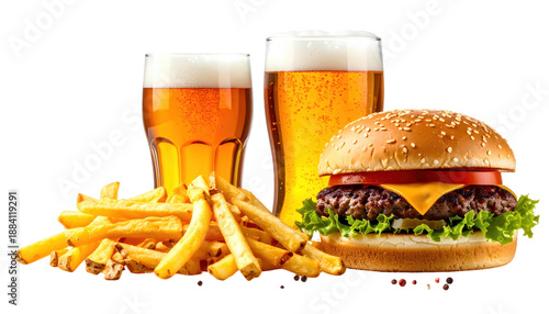 Delicious burger, fries, and frothy beer glasses for a satisfying meal on black