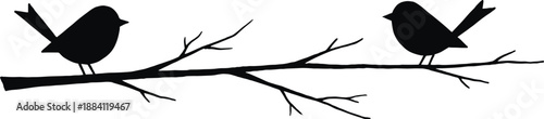 Silhouette illustration of two small birds perched on a tree branch, representing nature, wildlife, harmony, and minimalist vector art for decor and creative design projects.