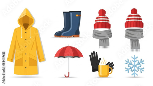 Collection of winter clothing and accessories for cold weather protection.